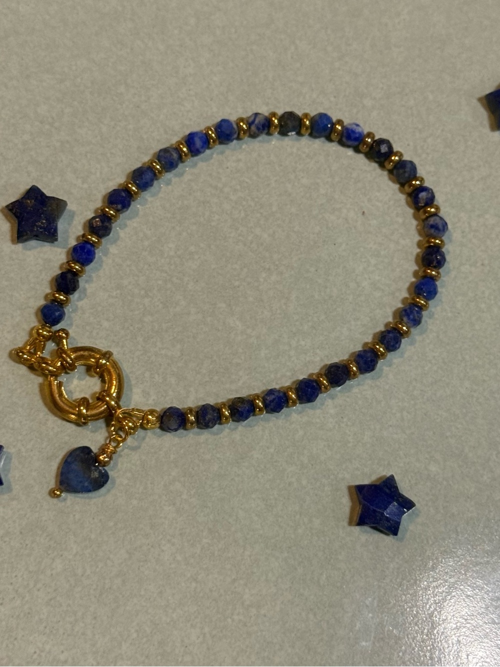 Gold & Blue Beaded Heart Charm Bracelet - Women Jewelry